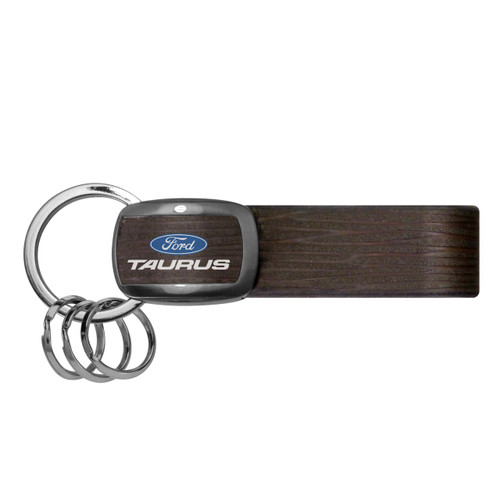 Ford Taurus Black Nickel with Brown Leather Stripe Key Chain by iPick Image, Made in USA