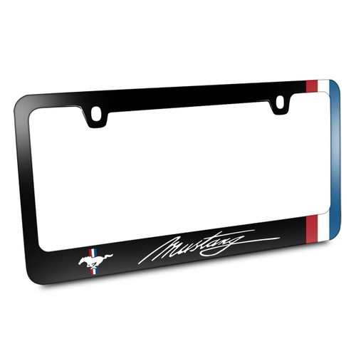 Ford Mustang in Classic Script Side Red White Blue Stripe Black Metal License Plate Frame