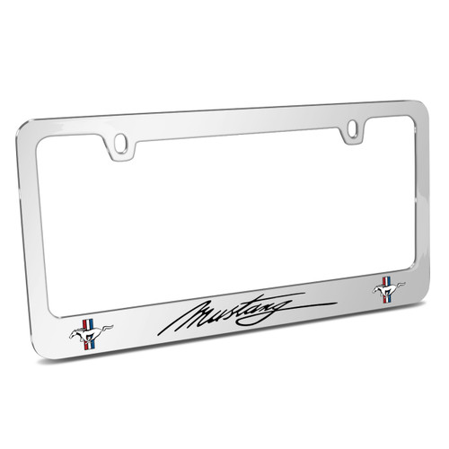 Ford Mustang Script Dual Logos Mirror Chrome Metal License Plate Frame , Made in USA