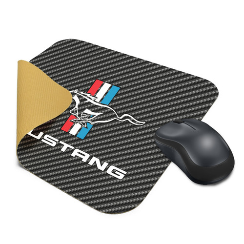 Ford Mustang Tri-Bar Logo Black Carbon Fiber Texture Graphic PC Mouse Pad , Made in USA