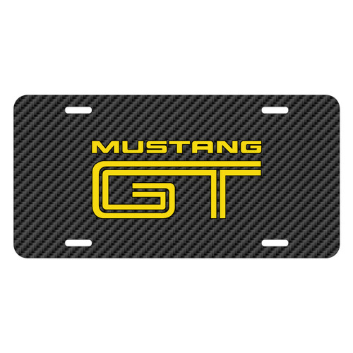Ford Mustang GT in Yellow Black Carbon Fiber Texture Graphic UV Metal License Plate, Made in USA