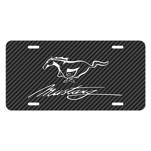 Ford Mustang Script Black Carbon Fiber Texture Graphic UV Metal License Plate, Made in USA