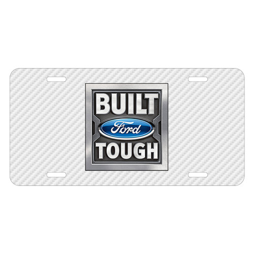 Ford Built Ford Tough White Carbon Fiber Texture Graphic UV Metal License Plate, Made in USA