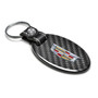 Cadillac Crest Logo Black Real Carbon Fiber Oval Shape with Black Leather Strap Key Chain