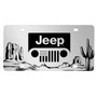 Jeep Grill Logo on Desert Cactus Graphic Brush Silver Aluminum License Plate