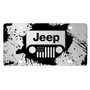 Jeep Grill Logo on Mud Splash Graphic Brush Silver Aluminum Front License Plate