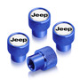 Jeep in White on Blue Premium Anodized Aluminum Tire Valve Stem Caps - Set of 4