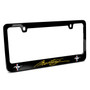 Ford Mustang Script in Yellow Dual Logos Black Metal License Plate Frame Made in USA