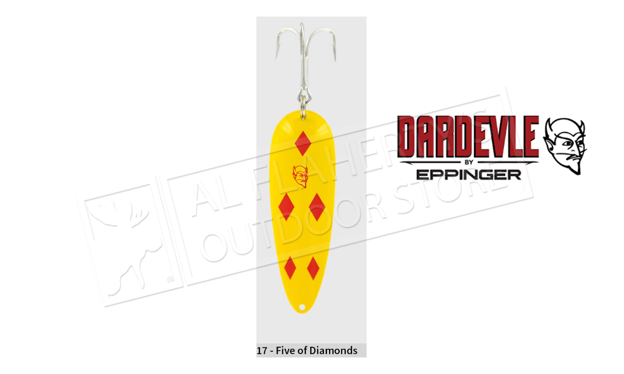 Eppinger Dardevle Spoon, 3 5/8, 1 oz, Yellow/Red Diamonds, Brass