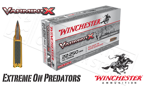 WINCHESTER 22-250 REM VARMINT-X, POLYMER TIPPED FRAGMENTING 55 GRAIN BOX OF 20