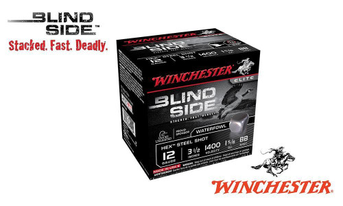WINCHESTER ELITE BLIND SIDE WATERFOWL SHELLS, 3-1/2" #BB, & 2 SHOT, 1-5/4 OZ., 1400 FPS, BOX OF 25