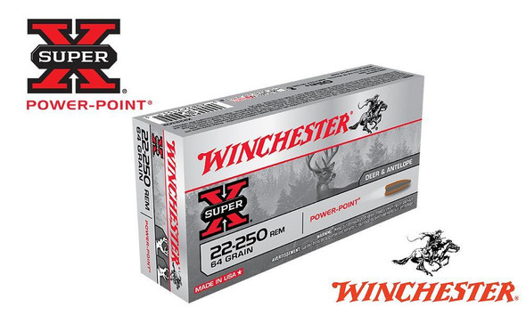 WINCHESTER 22-250 REM SUPER X, POWER POINT 64 GRAIN BOX OF 20