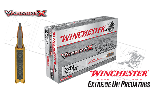 WINCHESTER .243 WIN VARMINT X, POLYMER TIPPED 58 GRAIN BOX OF 20