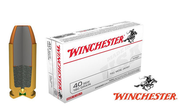WINCHESTER .40S&W WHITE BOX, TFMJ 180 GRAIN BOX OF 50