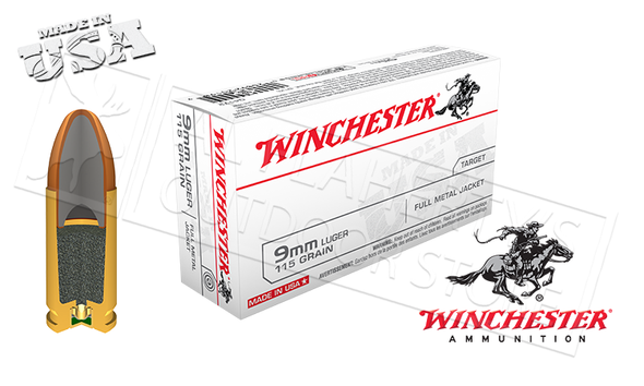 WINCHESTER 9MM WHITE BOX, FMJ 115 GRAIN BOX OF 50