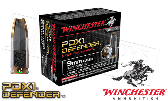 WINCHESTER 9MM LUGER PDX1 DEFENDER, BONDED JHP 147 GRAIN BOX OF 20