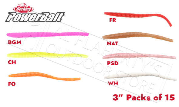 Berkley PowerBait Floating Trout Worms, Various Patterns, 3" Packs of 15 #PBHFTW3