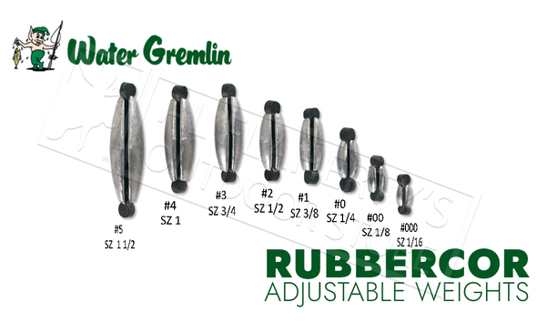 Water Gremlin Rubbercor Sinkers, Zip Lip Packs, Sizes 000 to 5 to #PRC