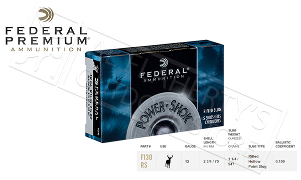 Federal Power Shok Rifled Slugs 12 Gauge 2-3/4" 1-1/4 oz. Box of 5 #F130RS — Al Flaherty's