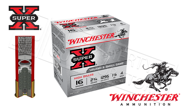 Winchester Super-X Upland High Brass Shells 16 Gauge 2-3/4" #4 #6 or #7-1/2 Shot, Box of 25 #X16H — Al Flaherty's