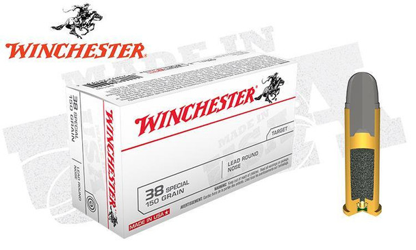 WINCHESTER .38 SPECIAL WHITE BOX, LEAD ROUND NOSE 150 GRAIN BOX OF 50