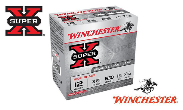 WINCHESTER SUPER X HIGH BRASS UPLAND SHELLS, #4, 5, 6, 7-1/2 SHOT, 2-3/4", 1-1/4 OZ., 1330 FPS, BOX OF 25