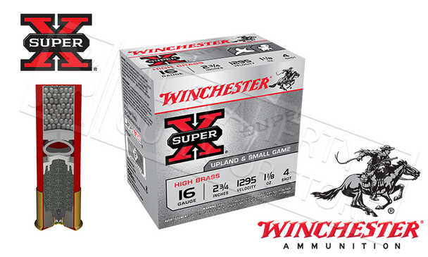 Winchester Super-X Upland High Brass Shells 16 Gauge 2-3/4" #4 #6 or #7-1/2 Shot, Box of 25 #X16H