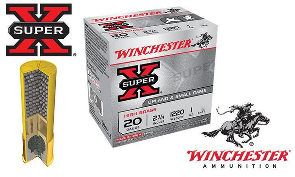 WINCHESTER SUPER-X UPLAND SHELLS, 20 GAUGE -2-3/4" #4 TO #7-1/2 SHOT, BOXES