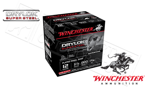 WINCHESTER DRYLOK SUPER STEEL WATERFOWL SHELLS, 12 GAUGE -3-1/2", #1 #2 OR #BB 1-9/16 OZ. 1300FPS, BOX OF 25