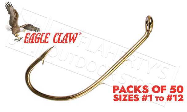 Eagle Claw Baitholder Bronze Hooks, Down Eye, Packs of 50, Sizes 12 to 1 #181FS