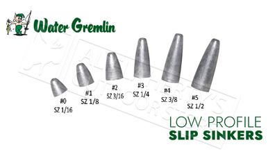 Water Gremlin Low Profile Slip Sinkers, Zip Lip Packs, Sizes 0 to 5