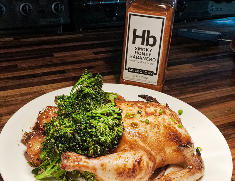 Smoky Honey Habanero Game Hen With Roasted Potatoes and Broccolini