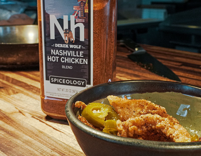 Nashville Hot Chicken Fried Cracklins with Honey Drizzle and Jalapeños