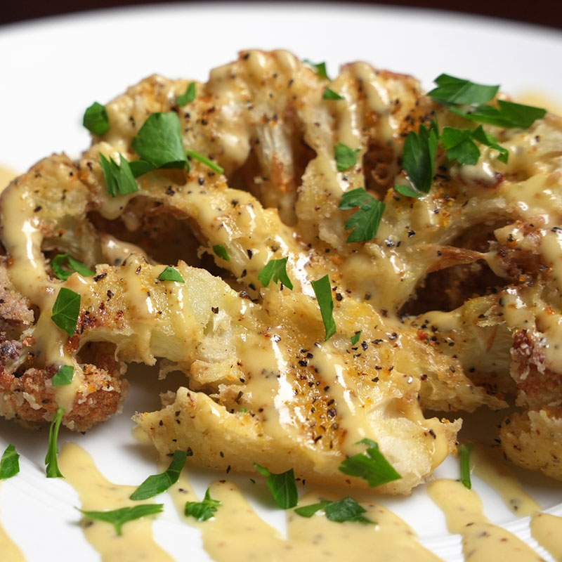 Buffalo Lemon Pepper Brined Fried Cauliflower With Buffalo Lemon Pepper Tahini Vinaigrette