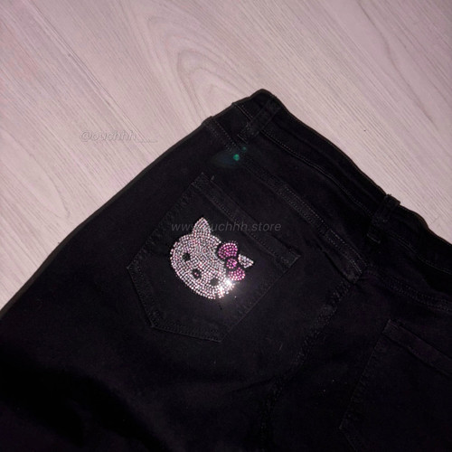 Glowy Kitty Rhinestone Low Rise Denim Jeans (Black)