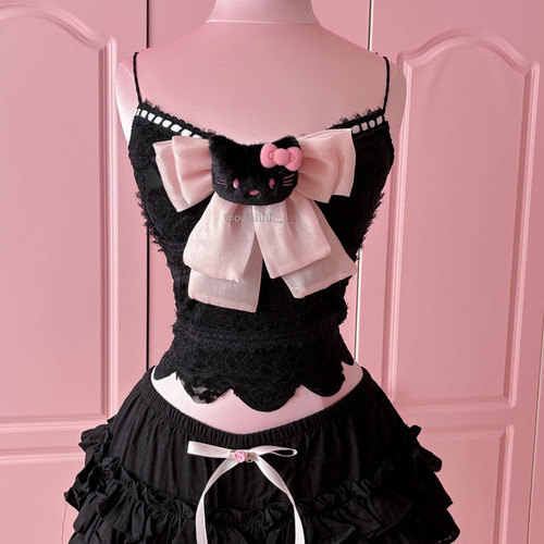 Dreamland Kitty Bow Lace Cami Top (Black)