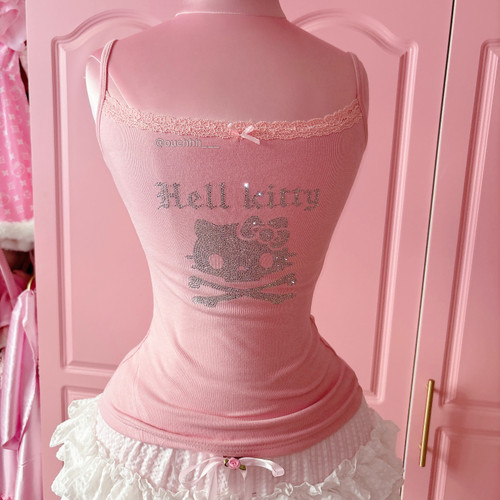 Hell Kitty Rhinestone Y2k fleeced camisole pink ouchhh store 骷髏骨Kitty粉色吊帶背心