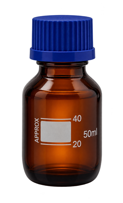 50mL Amber Media Bottle with GL45 Blue Screw Cap, Borosilicate Glass