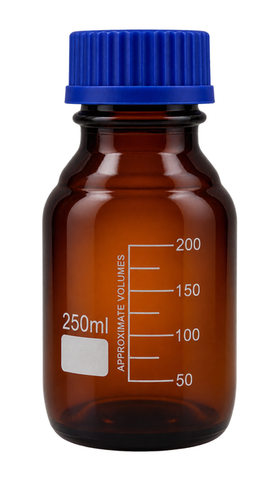 250mL Amber Media Bottle with GL45 Blue Screw Cap, Borosilicate Glass