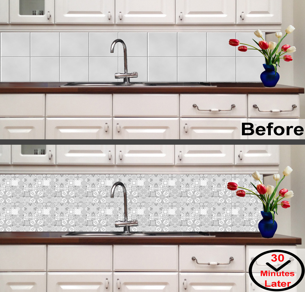 24 White Grey Moroccan Kitchen Tile Stickers 6x6 or 4x4 inch For Bathroom Backslash grey white