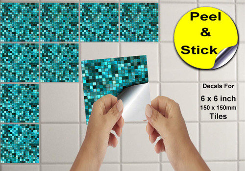 24 Turquoise Tile Stickers Victorian Mosaic Style Tiles Stickers Transfers Cover for 6x6 inch 15 x 15cm tile Bathroom Kitchen Stick On Wall Peel And Stick Tile Decals sky blue greenish-blue