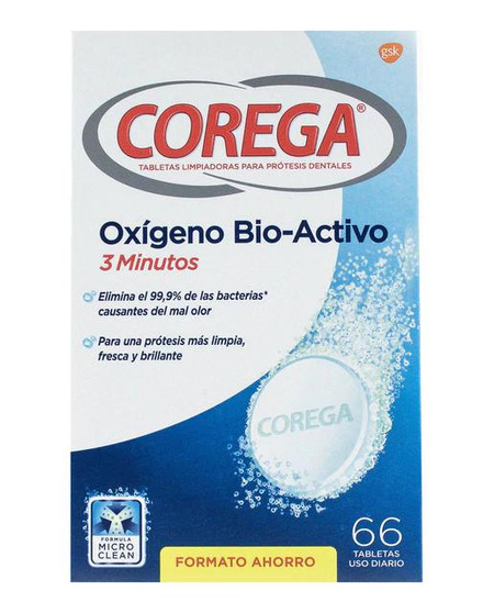 Corega oxígeno bio-activo tabletas limpiadoras 66 UDS