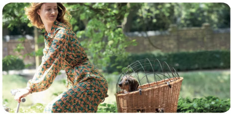 "Woman riding a bicycle with a dog in a wicker basket attached at the back.