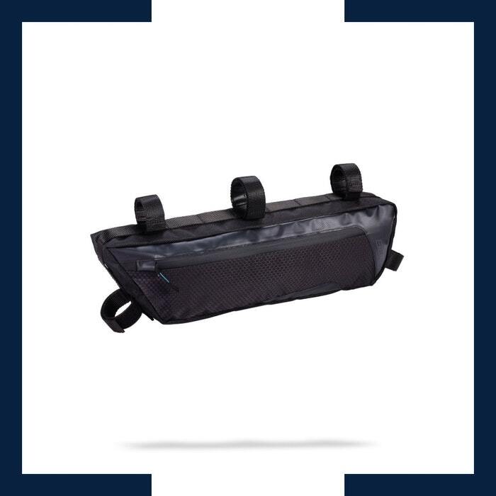 A black triangular bike frame bag with zipper closure and strap attachments, designed for secure fitting on a bicycle frame, displayed on a white background.