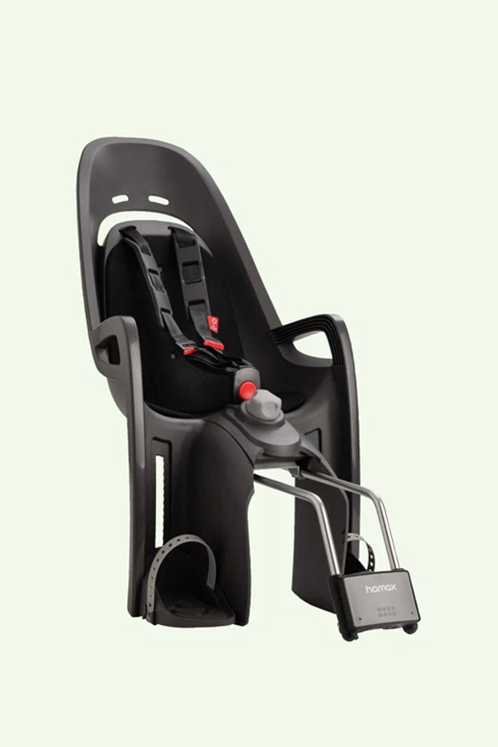 Hamax Zenith Relax frame-mounted seat showing adjustable harness height and footrest positions growing with the child