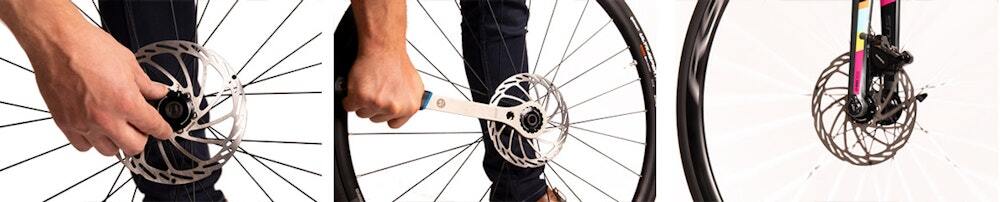 Bicycle brake rotor being installed and secured onto the wheel hub using tools