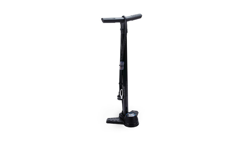 Black floor bike pump on plain white background.