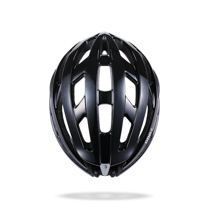 Black cycling helmet with an aerodynamic and well-ventilated design, viewed from the top.