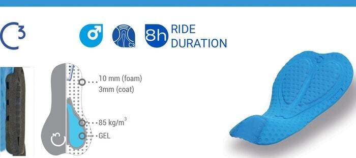 Blue cycling chamois pad with 8-hour ride duration, showing foam, gel, and density specifications