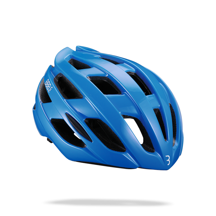 Blue cycling helmet featuring a side profile with sleek aerodynamic contours and ventilation.